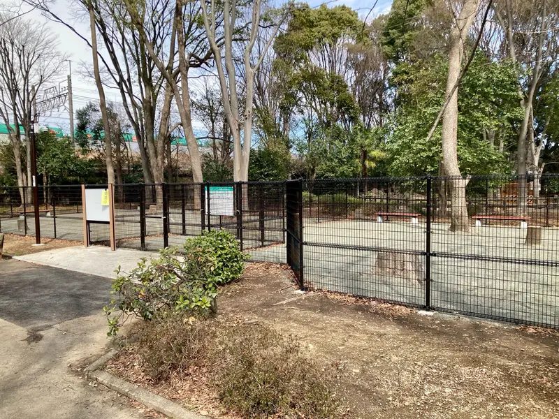 出入口まわりからのドッグラン全景。フェンスで仕切られた区画が並ぶ（八王子ジャーニー撮影）
